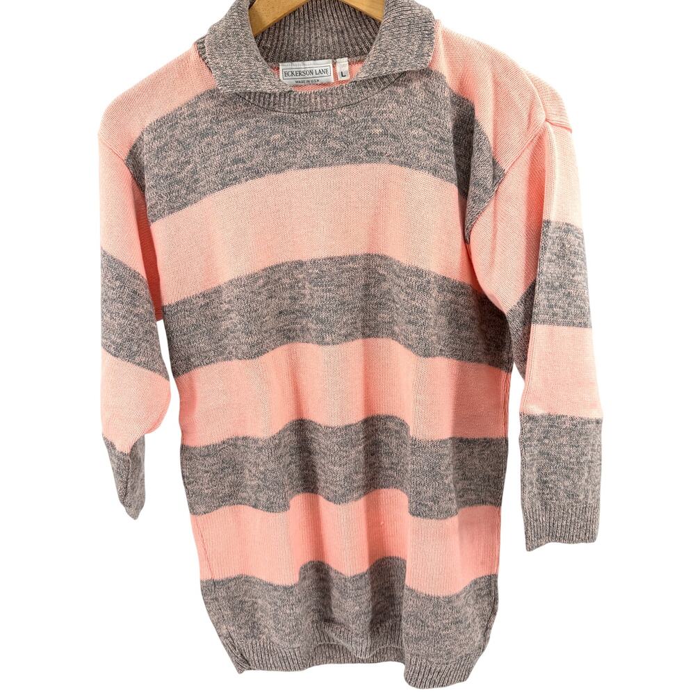 Vintage 80s Eckerson Lane Pink Gray Striped Collared Pullover Sweater